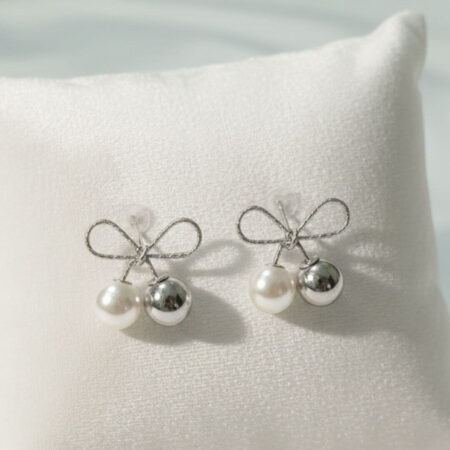 Silver Bow Pearl Stud Earrings