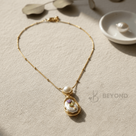 Vintage Enamel Tulip Pearl Necklace