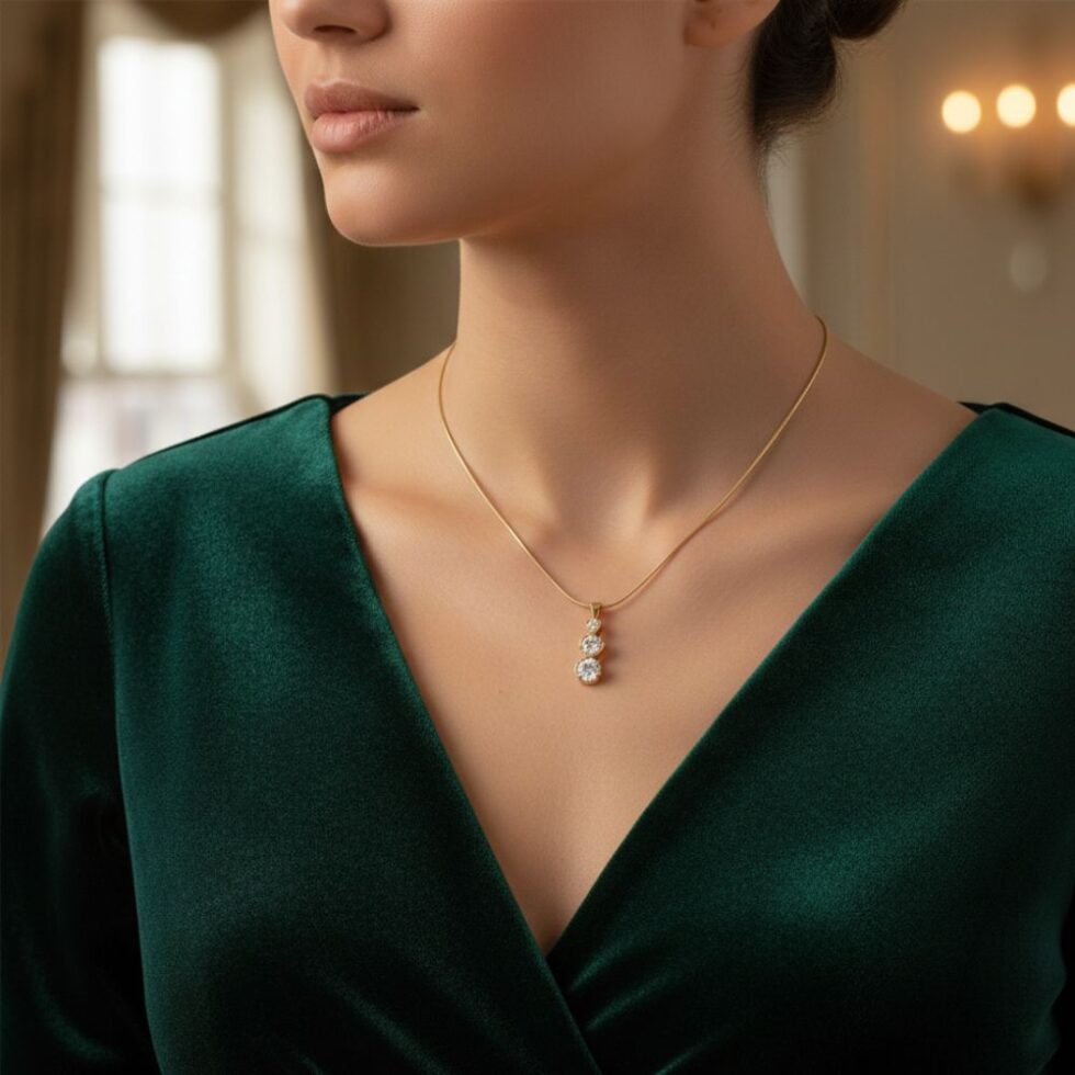 Elegant Triple Stone Curved Crystal Pendant Necklace with Gold Finish