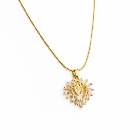 Radiant Heart Sunburst Crystal Pendant Necklace with Gold Finish