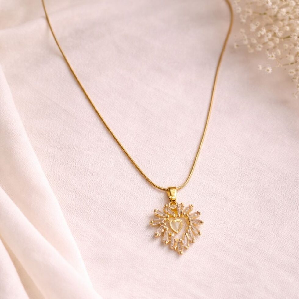 Radiant Heart Sunburst Crystal Pendant Necklace with Gold Finish