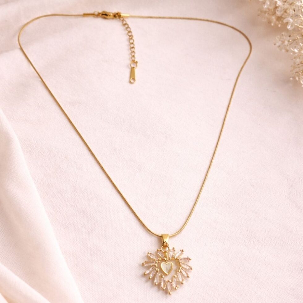 Radiant Heart Sunburst Crystal Pendant Necklace with Gold Finish