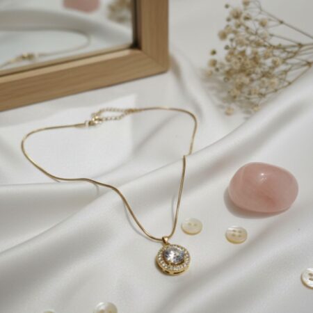 Classic Round Halo Crystal Pendant Necklace with Gold Finish