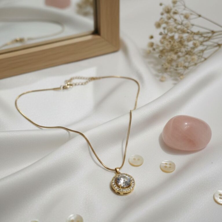 Classic Round Halo Crystal Pendant Necklace with Gold Finish