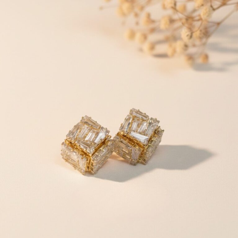 Luxury Geometric Crystal Cube Stud Earrings wit Gold Finish