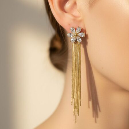Floral Crystal Tassel Drop Earrings - Gold Finish Statement Earrings