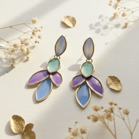 Pastel Leaf Drop Statement Earrings - Multicolor Gold Finish