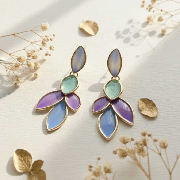 Pastel Leaf Drop Statement Earrings - Multicolor Gold Finish