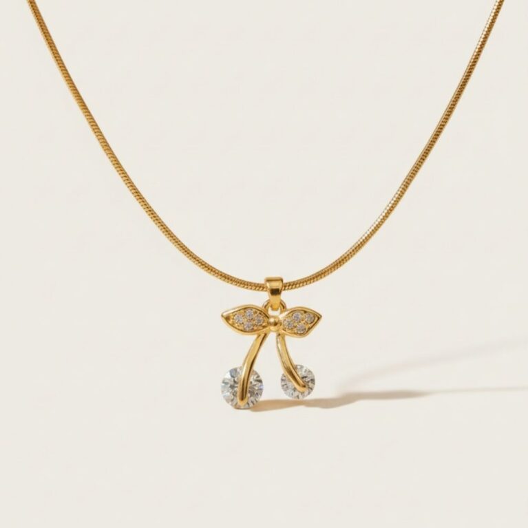 Elegant Bow Crystal Drop Pendant Necklace with Gold Finish