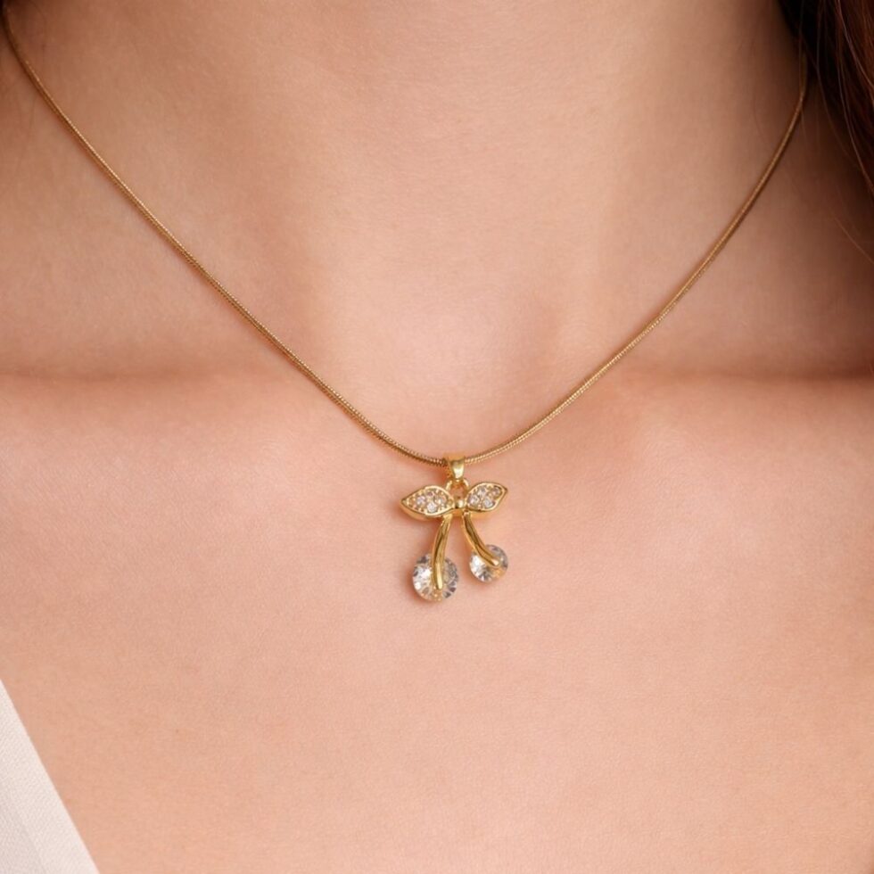 Elegant Bow Crystal Drop Pendant Necklace with Gold Finish