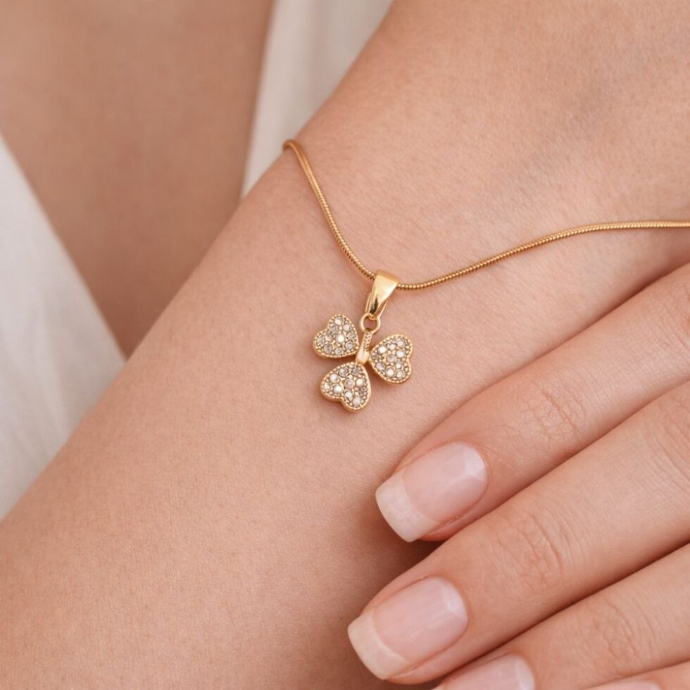 Sparkling Clover Crystal Pendant Necklace with Gold Finish