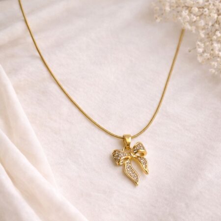 Elegant Bow Knot Crystal Pendant Necklace with Gold Finish