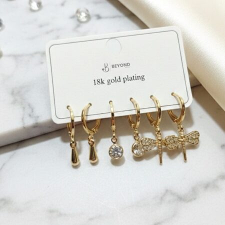 18K Gold Plated Charm Hoop Earrings Set - Crystal Drops & Dragonfly Design (Pack of 3 Pairs)
