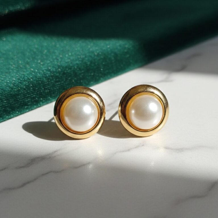Classic Pearl Stud Earrings with Gold-Tone Frame