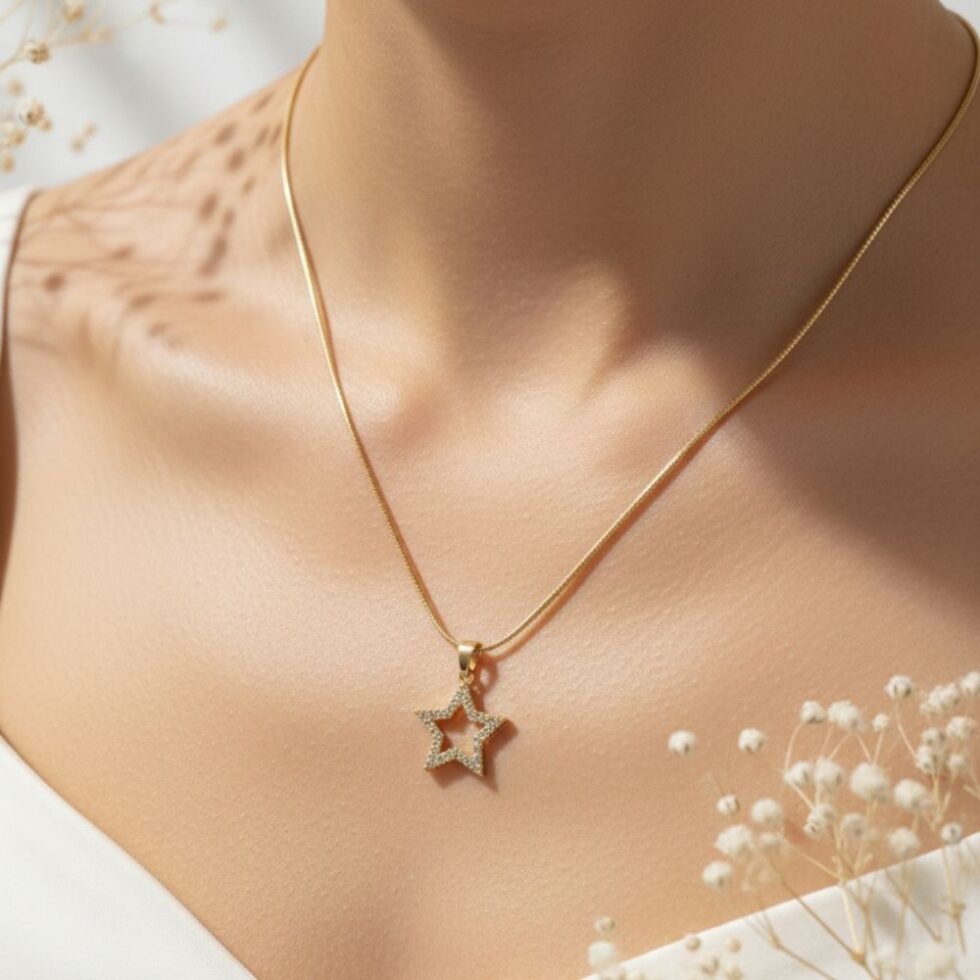 Sparkling Star Outline Crystal Pendant Necklace with Gold Finish