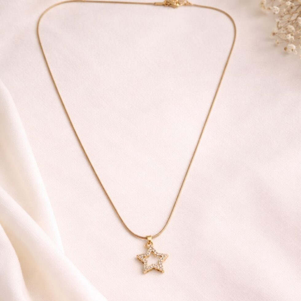 Sparkling Star Outline Crystal Pendant Necklace with Gold Finish