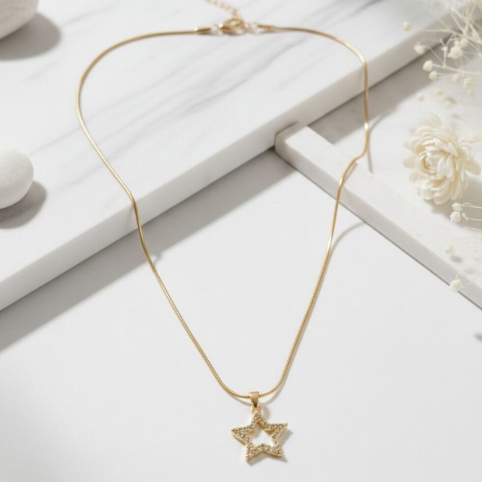 Sparkling Star Outline Crystal Pendant Necklace with Gold Finish