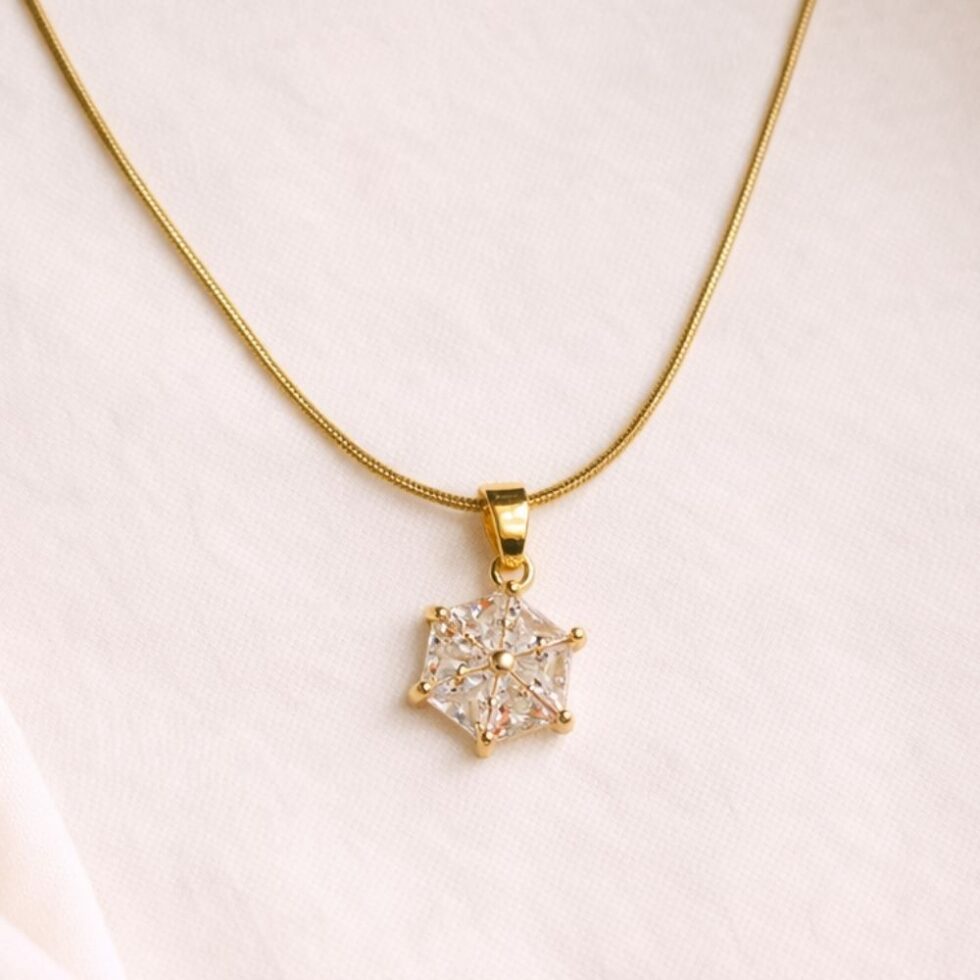 Sparkling Geometric Star Crystal Pendant Necklace with Gold Finish