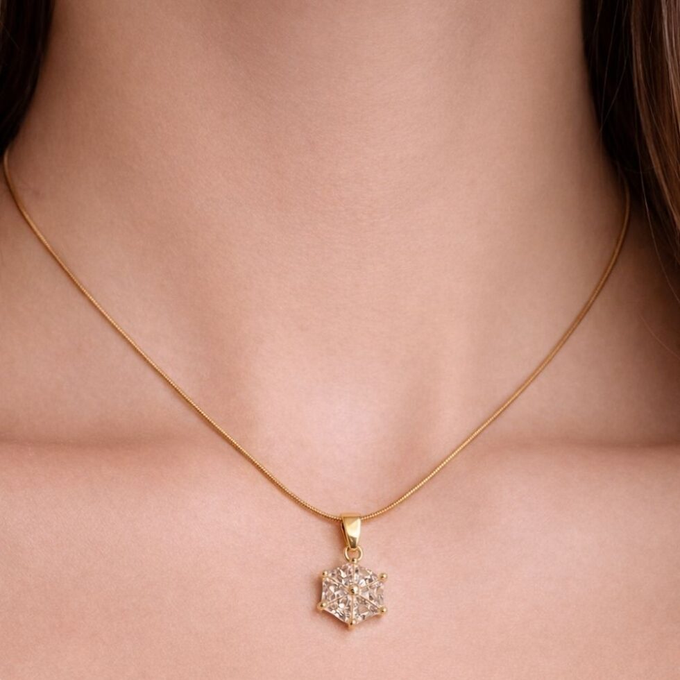 Sparkling Geometric Star Crystal Pendant Necklace with Gold Finish
