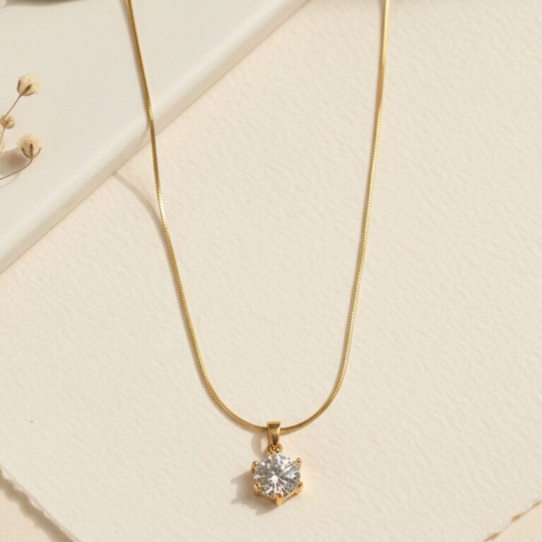 Sparkling Geometric Star Crystal Pendant Necklace with Gold Finish