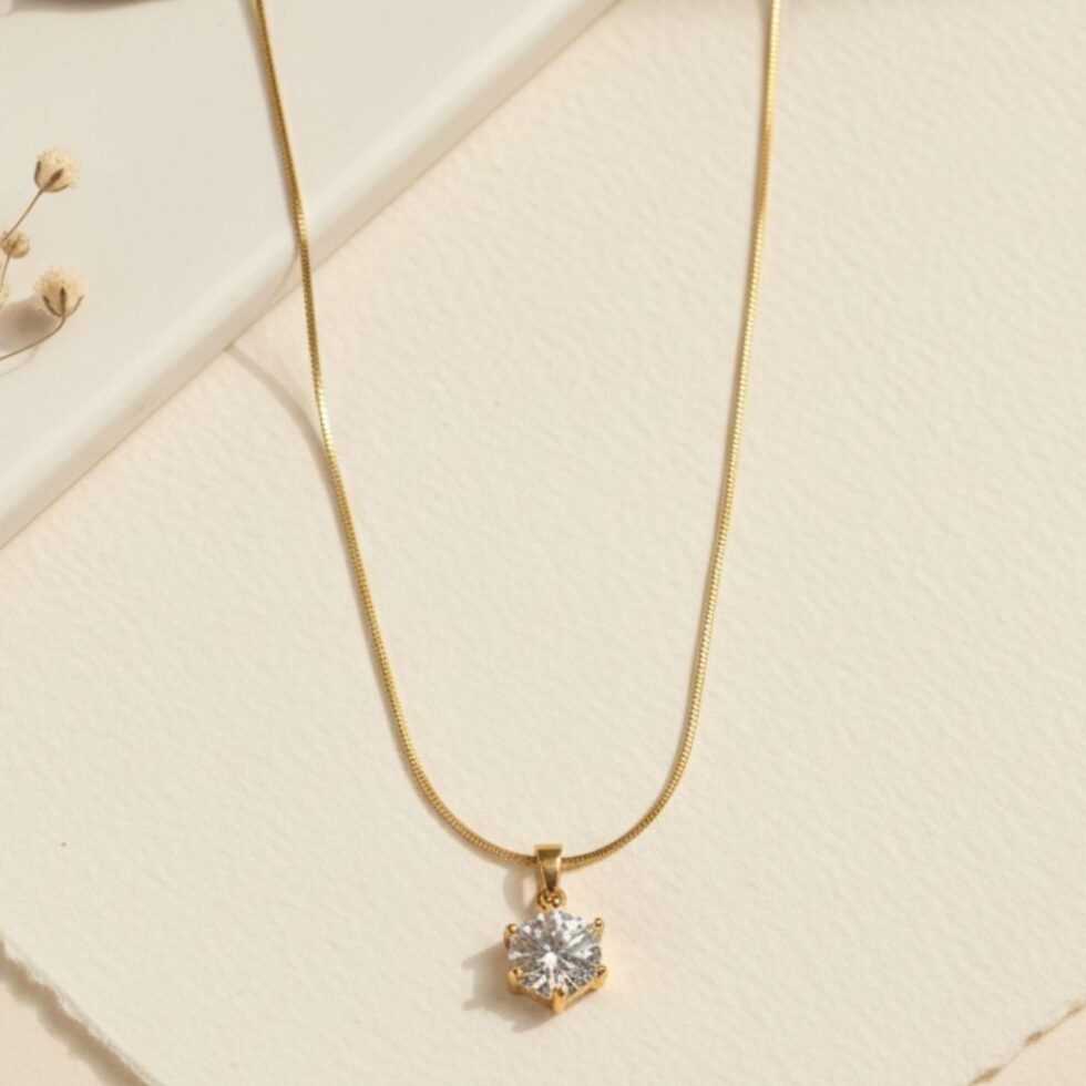 Sparkling Geometric Star Crystal Pendant Necklace with Gold Finish