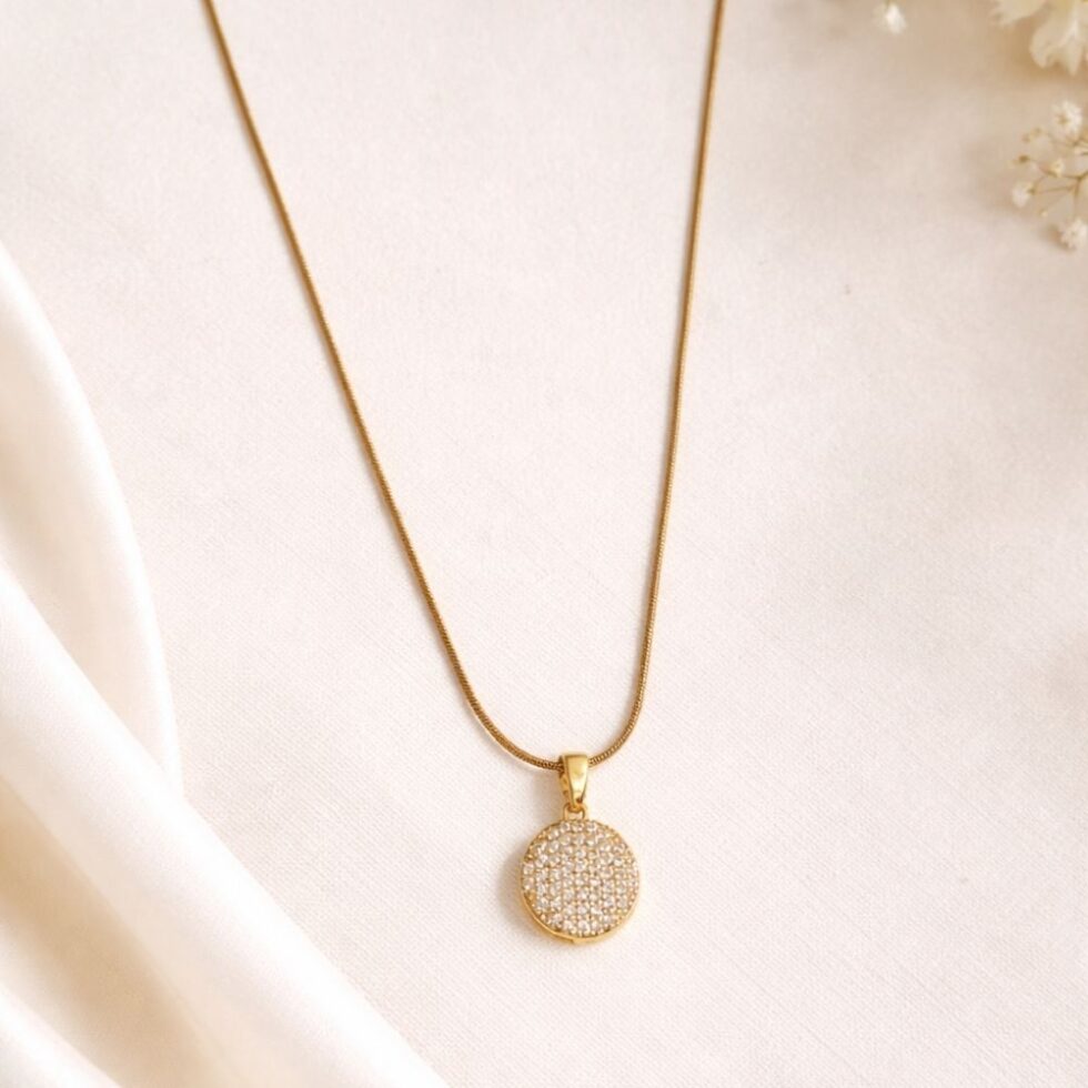 Round Pave Crystal Disc Pendant Necklace with Gold Finish