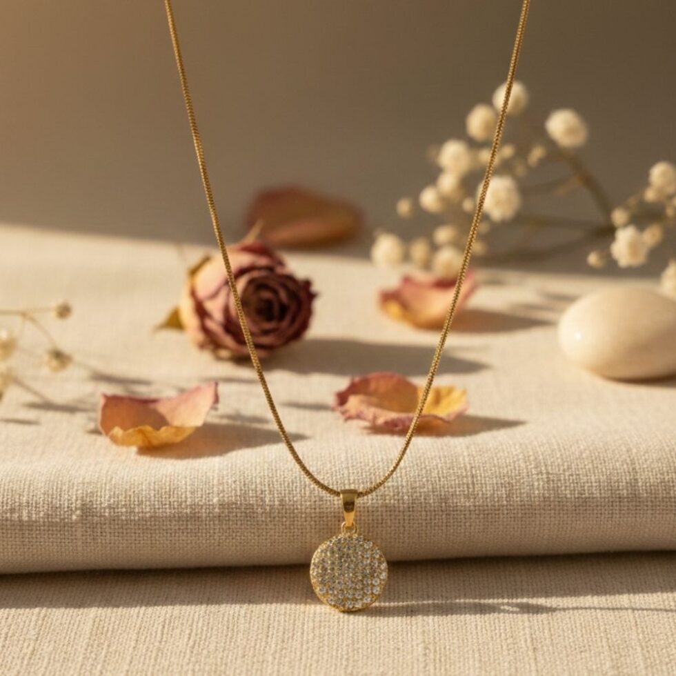 Round Pave Crystal Disc Pendant Necklace with Gold Finish