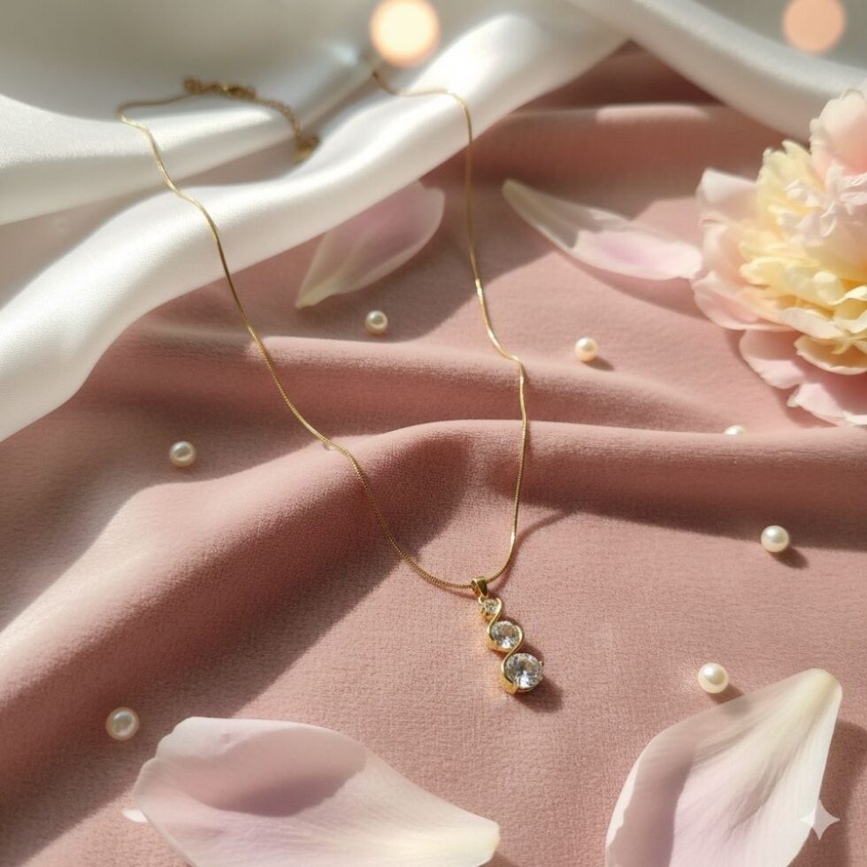 Elegant Triple Stone Curved Crystal Pendant Necklace with Gold Finish