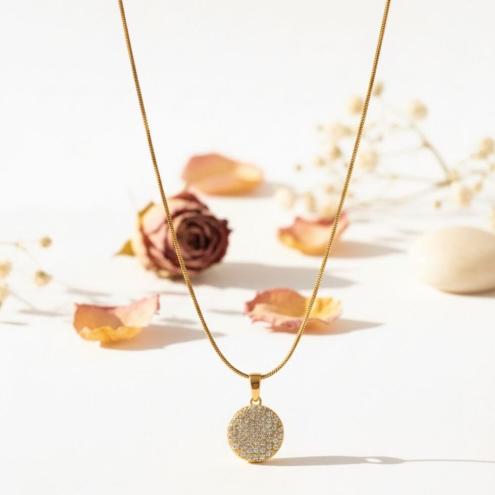 Round Pave Crystal Disc Pendant Necklace with Gold Finish