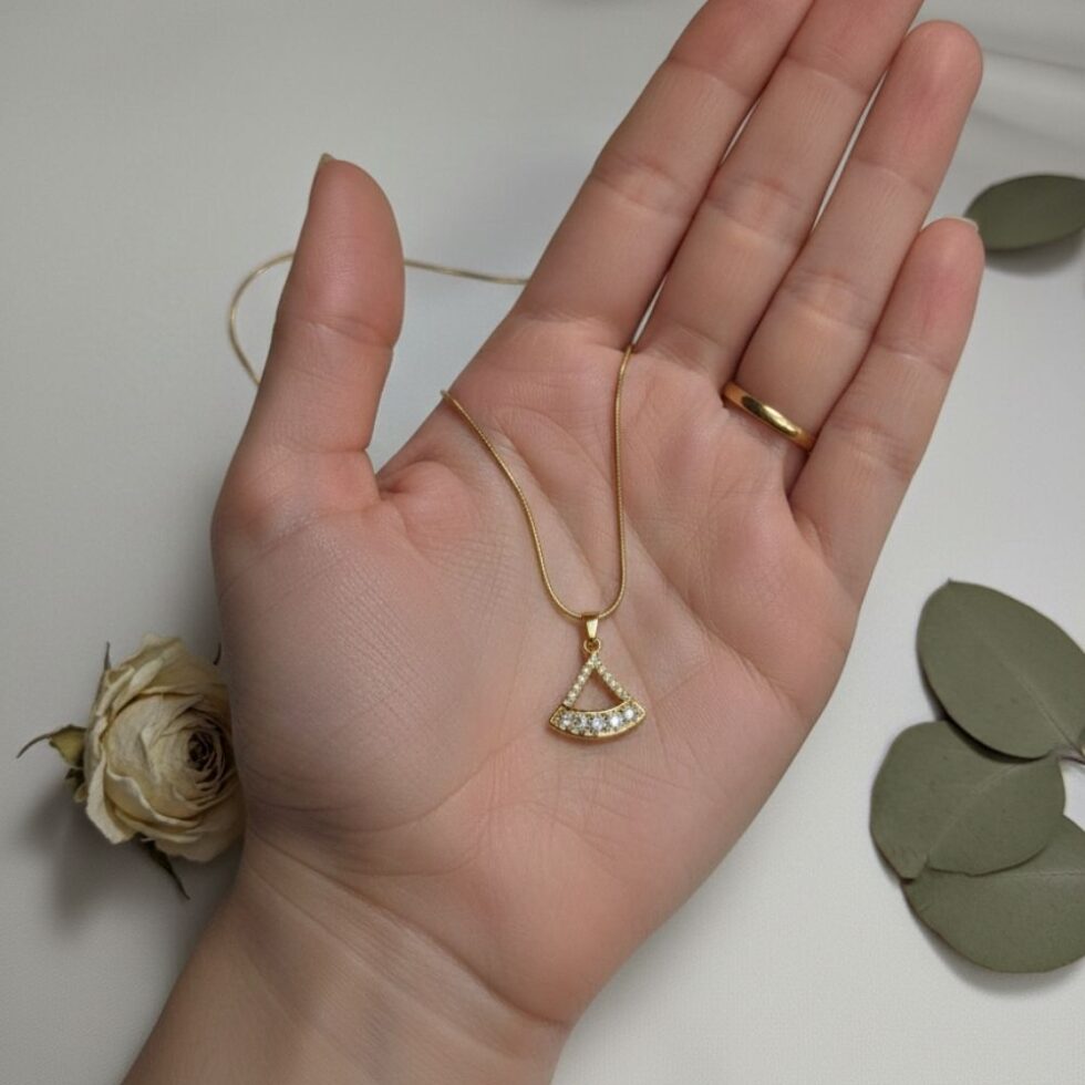 Modern Geometric Fan Crystal Pendant Necklace with Gold Finish