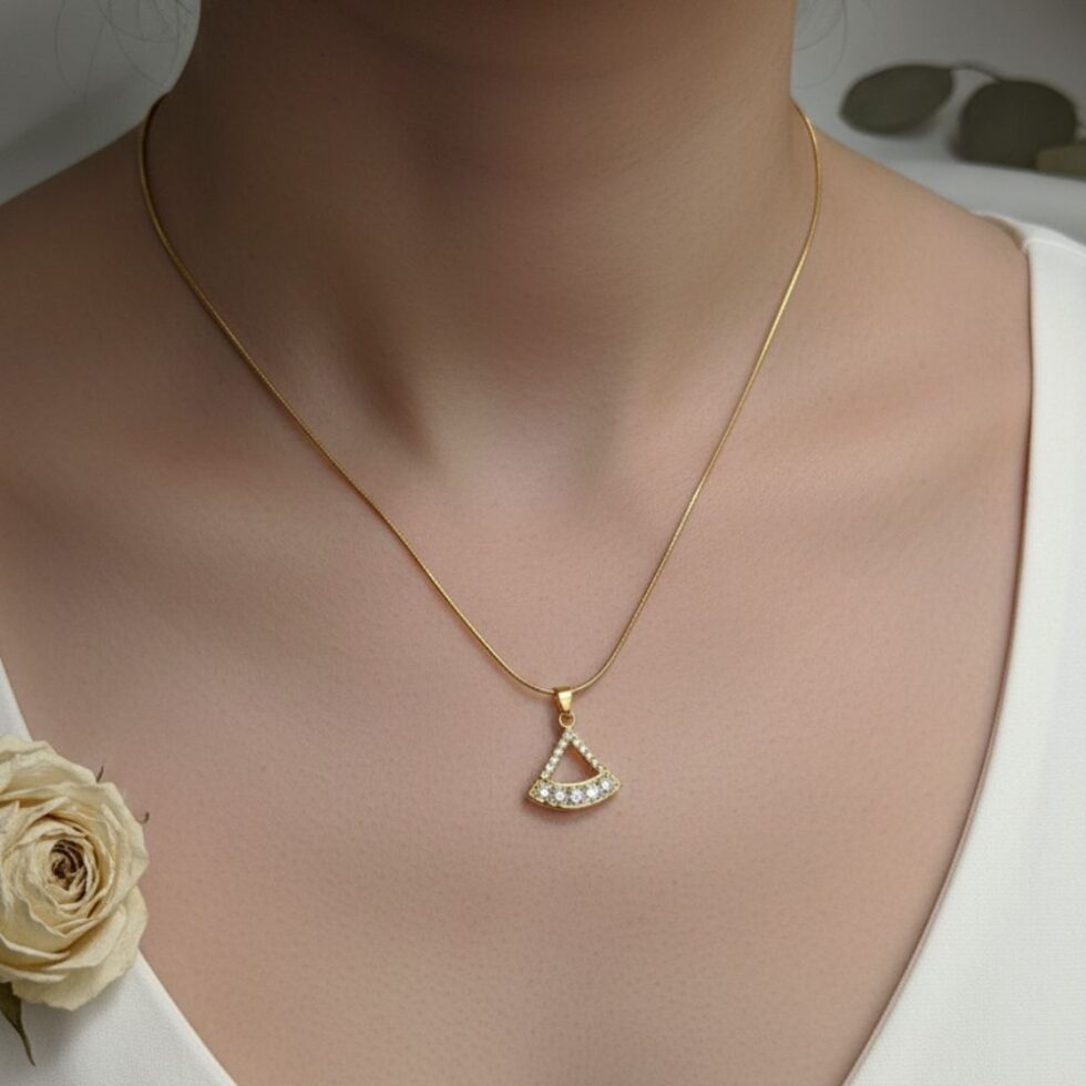 Modern Geometric Fan Crystal Pendant Necklace with Gold Finish