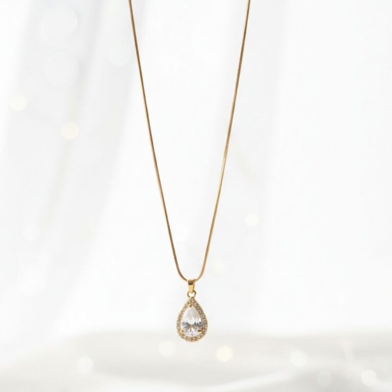 Minimal Teardrop Crystal Pendant Necklace with Gold Finish