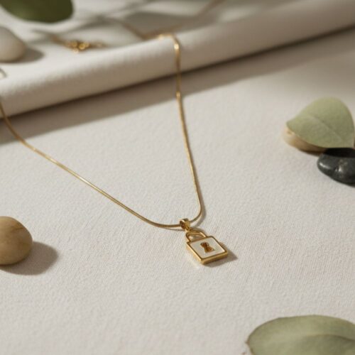 Minimal Lock Charm Pendant Necklace with Mother of Pearl Inlay – Gold Finish