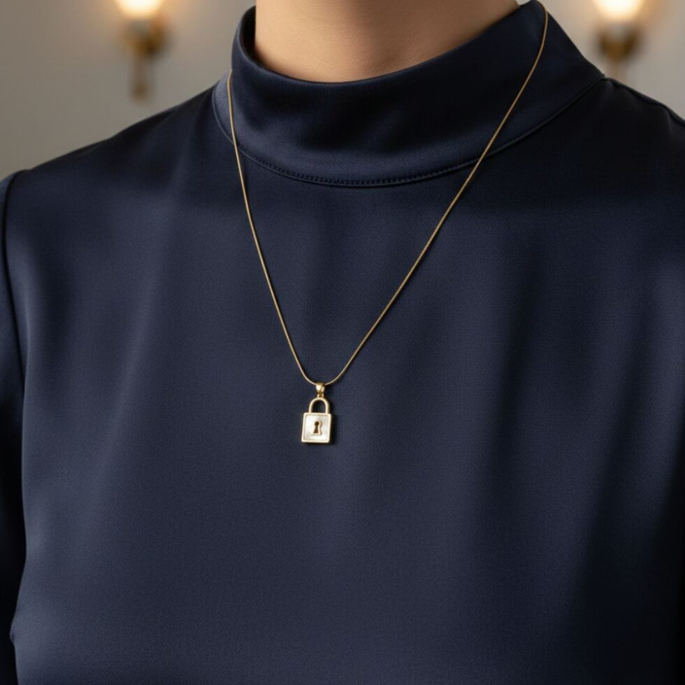 Minimal Lock Charm Pendant Necklace with Mother of Pearl Inlay – Gold Finish