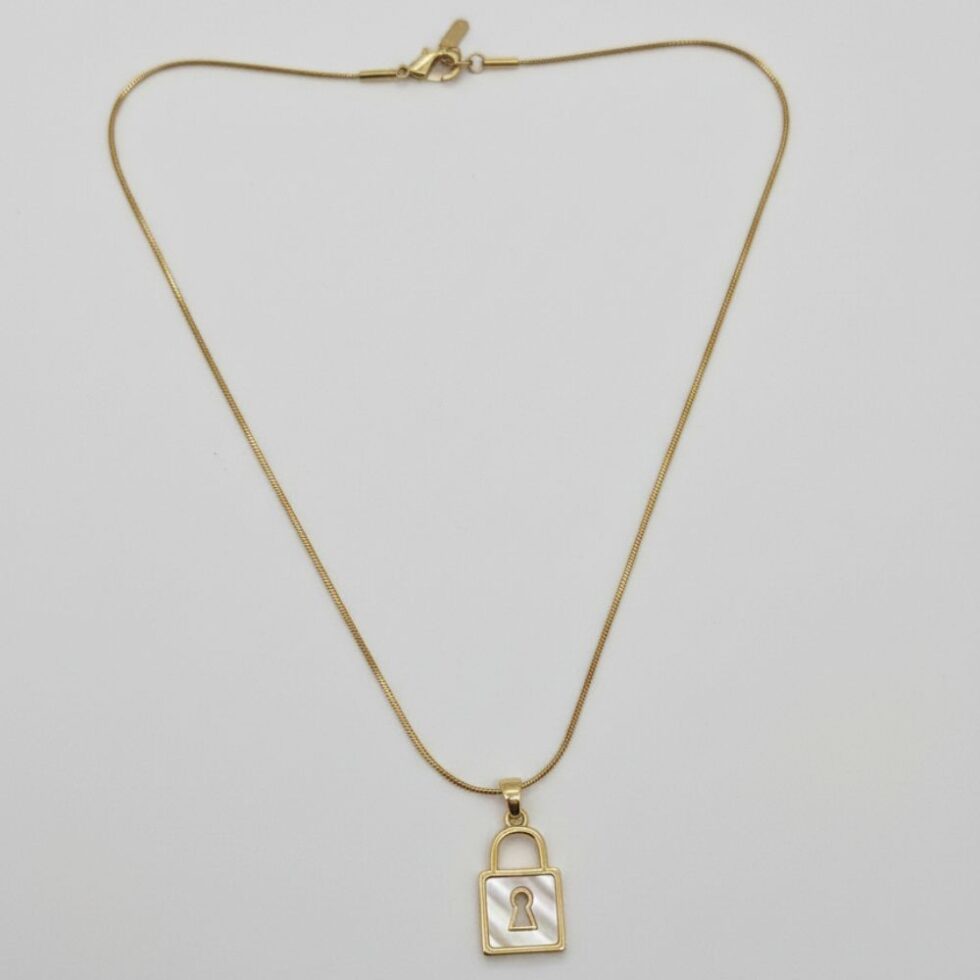 Minimal Lock Charm Pendant Necklace with Mother of Pearl Inlay – Gold Finish